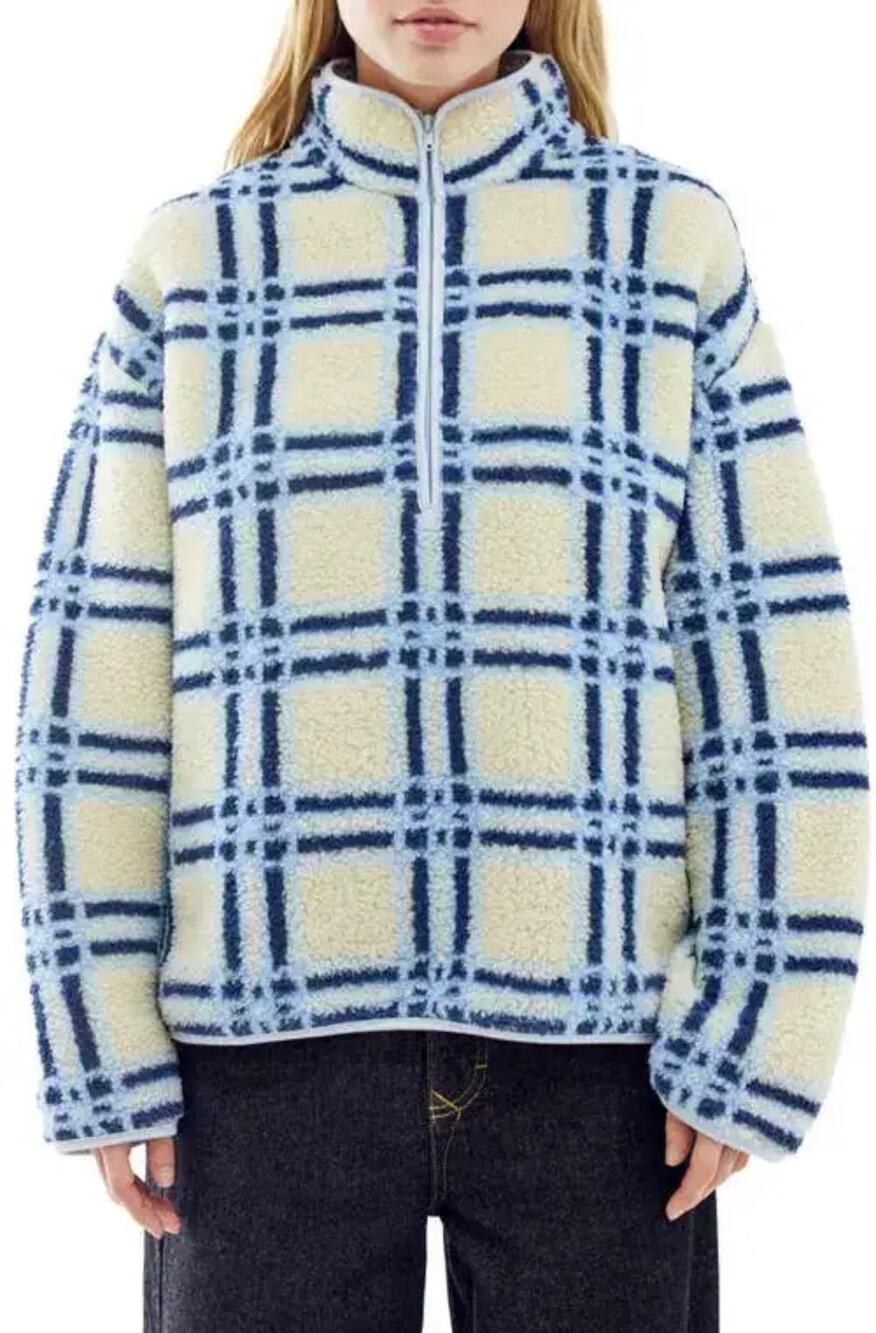 NEW BDG Urban Outfitters Ecru Blue Check Preppy Print Fleece Quarter Zip Sweater
